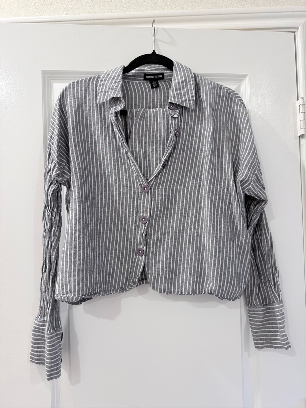 2 Piece Co Ord PrettyLittleThing Gray & White Vertical Stripe Button-Down Shirt